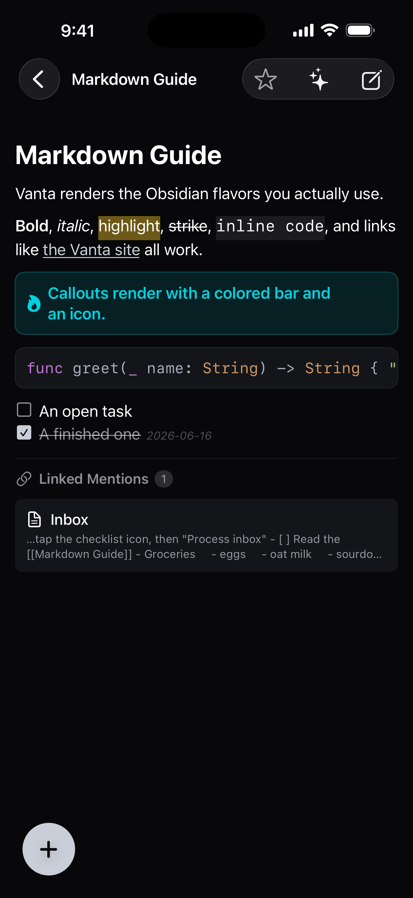 A note with syntax-highlighted code, callouts, and backlinks